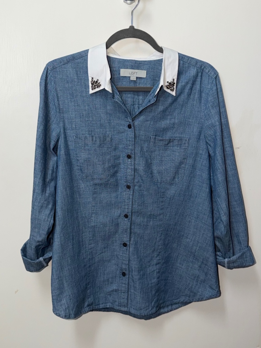 Ann Taylor LOFT Jeweled Collar Chambray Button-Down Shirt